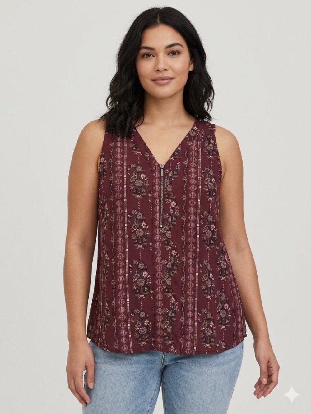 Janet Chung Boho Floral Zip-Front Sleeveless Blouse Tank Top XL